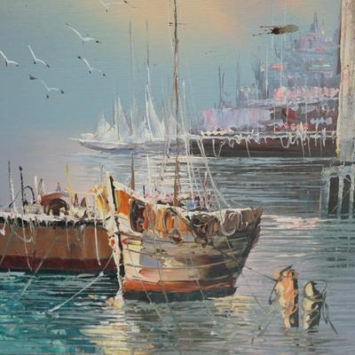 1970'S ERA OIL ON CANVAS HARBOR SCENE SIGNED SONTINA