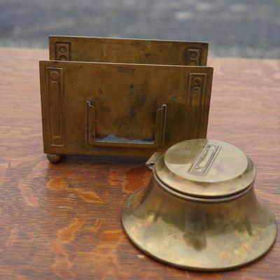 TWO PIECE STAMPED BRADLEY & HUBBARD DESK SET TO INCLUDE LETTER HOLDER & INK WELL HOLDER