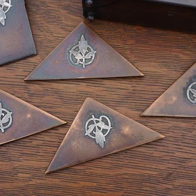 FOUR PIECE Poss.HEINZ ART/ DESK SET TO INCLUDE LETTER HOLDER, CLIP STAMP BOX & DESK PAD CORNERS.