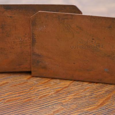 THREE PIECE HAMMERED COPPER DESK SET TO INCLUDE BOOKENDS, MATCH HOLDER AND PEN TRAY