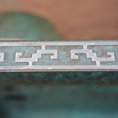 1920-30'S DESK SET MOTTLED GREEN FINISH OVER BRONZE WITH STERLING ACCENT