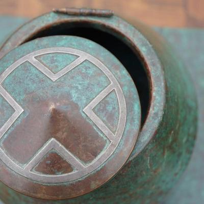 1920-30'S DESK SET MOTTLED GREEN FINISH OVER BRONZE WITH STERLING ACCENT