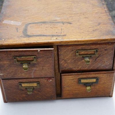 ANTIQUE FOUR DRAWER MACY OAK TABLE TOP CARD FILE