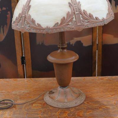 ANTIQUE RESTORED CHOCOLATE SLAG UMBREllA SHADE TABLE LAMP
