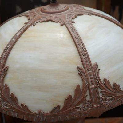 ANTIQUE RESTORED CHOCOLATE SLAG UMBREllA SHADE TABLE LAMP