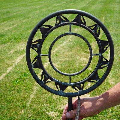 METAL YARD ART. SUN SCULPTURE FORM ON METAL POLE// SPRINKLER. ( HOOKS TO A HOSE)