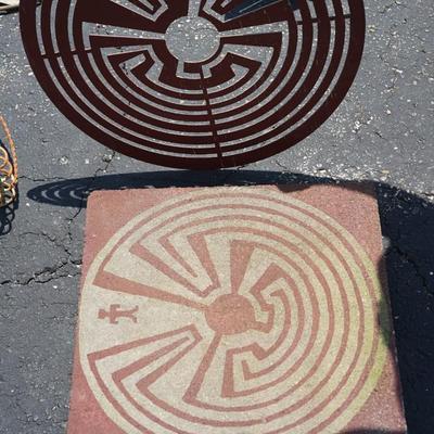 Yard Art.  TWO ITEMS // A METAL CIRCLE OF DESIGN / WITH SAME PATTERN CEMENT TILE