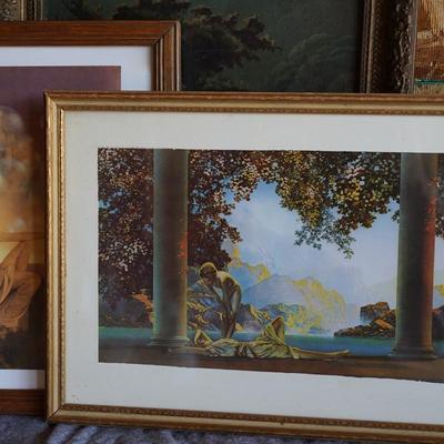 GROUPING OF FIVE MAXFIELD PARRISH STYLE PRINTS FRAMED.