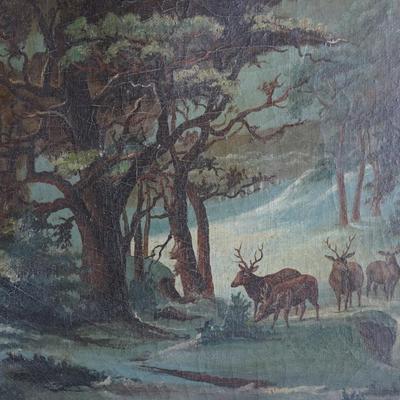 PRIMITIVE ANTIQUE STYLE OIL ON CANVAS OF DEER IN THE WOODS /GESSO FRAME