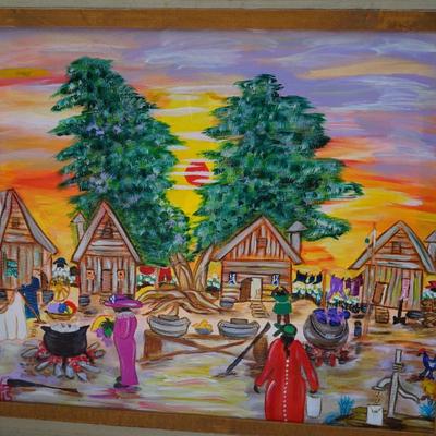 SIGNED "OTIS" COLORFUL  FOLK ART PAINTING. FRAMED IN PINE SIMPLE FRAME 1990S