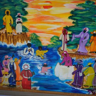 SIGNED "OTIS" COLORFUL FOLK ART " THE BAPTISM"  SOUTHERN ARTIST 1990'S