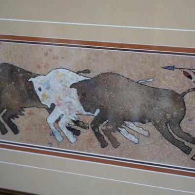 KEN SCHMIDT PRINT BISON HUNT.  3FT. FRAMED IN A INLAY FRAME.