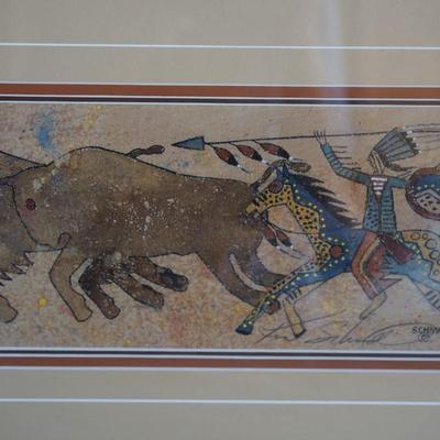 KEN SCHMIDT PRINT BISON HUNT.  3FT. FRAMED IN A INLAY FRAME.