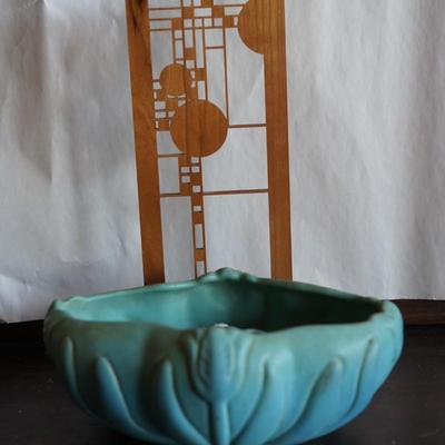 VAN BRIGGLE FLOWER FROG AND SMALLER FERNER/ PRAIRIE STYLE WOOD ART