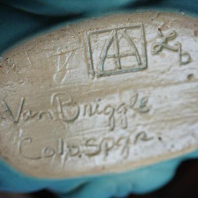 VAN BRIGGLE FLOWER FROG AND SMALLER FERNER/ PRAIRIE STYLE WOOD ART