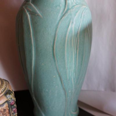 GROUPING OF POTTERY VASES. TWO ROSEVILLE / 1920=30'S