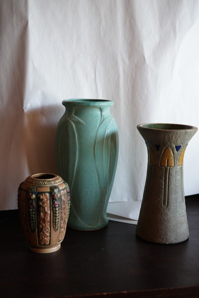 GROUPING OF POTTERY VASES. TWO ROSEVILLE / 1920=30'S
