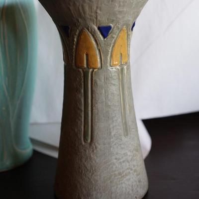 GROUPING OF POTTERY VASES. TWO ROSEVILLE / 1920=30'S