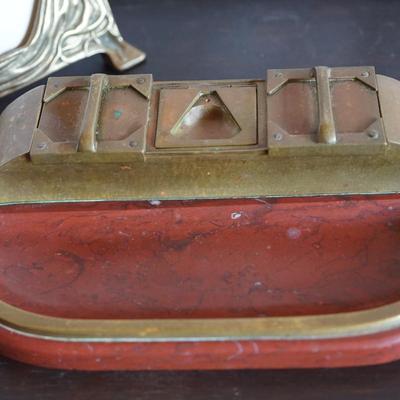 EARLY 1900'S  STONE  BASE WITH BRASS DESK SET/ BRASS NOUVEAU FRAME