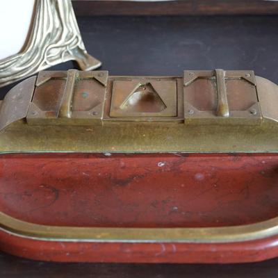 EARLY 1900'S  STONE  BASE WITH BRASS DESK SET/ BRASS NOUVEAU FRAME