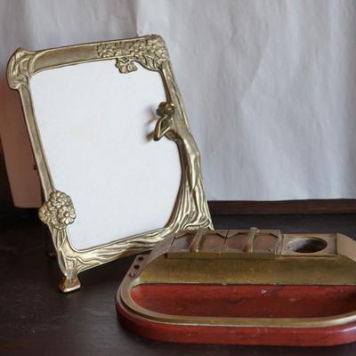 EARLY 1900'S  STONE  BASE WITH BRASS DESK SET/ BRASS NOUVEAU FRAME