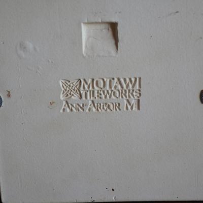 PAIR OF PRAIRIE STYLE MOTAWI TILES. FRAMED IN QUARTER SAWN OAK