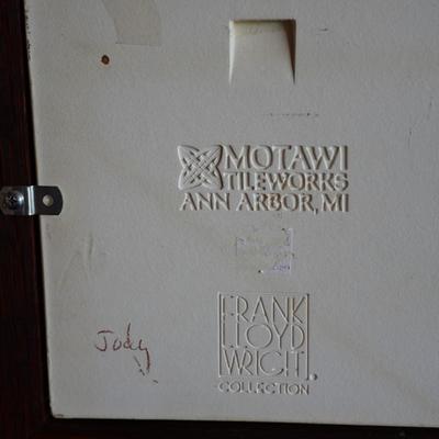 PAIR OF PRAIRIE STYLE MOTAWI TILES. FRAMED IN QUARTER SAWN OAK