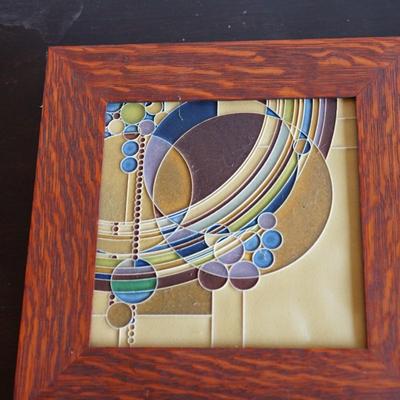 PAIR OF PRAIRIE STYLE MOTAWI TILES. FRAMED IN QUARTER SAWN OAK