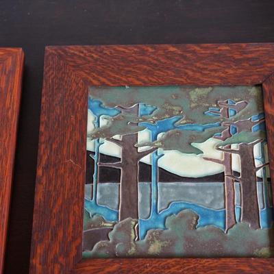 PAIR OF PRAIRIE STYLE MOTAWI TILES. FRAMED IN QUARTER SAWN OAK