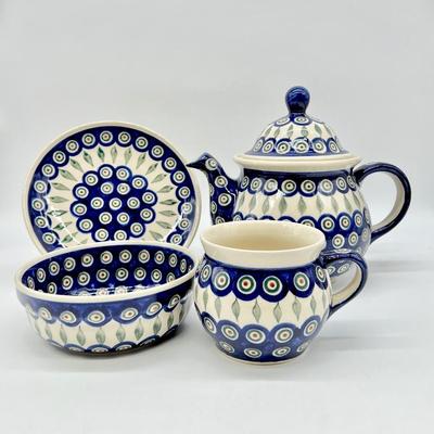 BOLESLAWIEC ~ Peacock ~ 3 Piece Setting ~ Service for 6 With Tea Pot