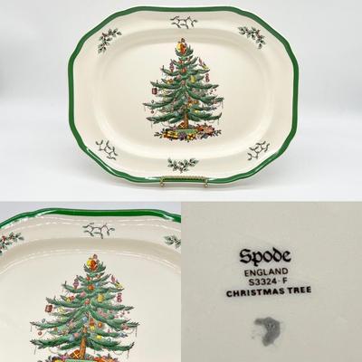 SPODE ~ Christmas Tree ~ Pair (2) Oval Serving Platter & Hors dâ€™Oeuvre Tray