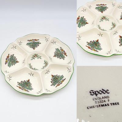 SPODE ~ Christmas Tree ~ Pair (2) Oval Serving Platter & Hors dâ€™Oeuvre Tray