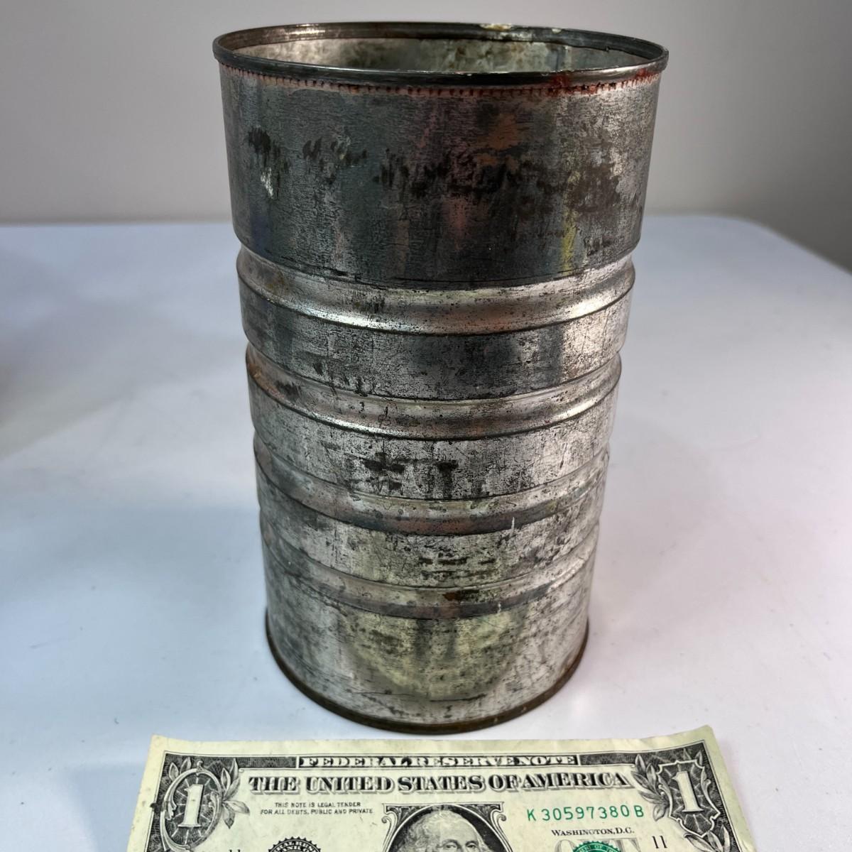 VINTAGE DISTRESSED TIN CAN 7” TALL