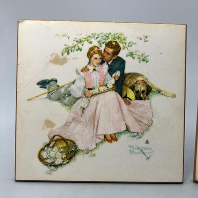 Pair of Vintage Norman Rockwell Art Print Hanging Squares Flowers in Tender Bloom & Girl Waiting for Kiss