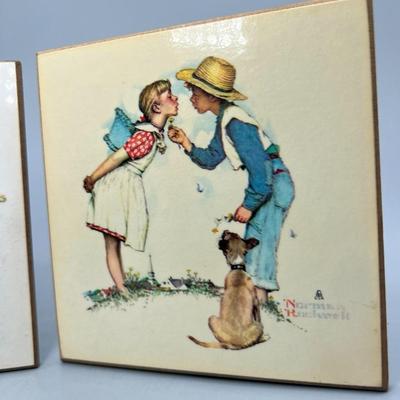 Pair of Vintage Norman Rockwell Art Print Hanging Squares Flowers in Tender Bloom & Girl Waiting for Kiss