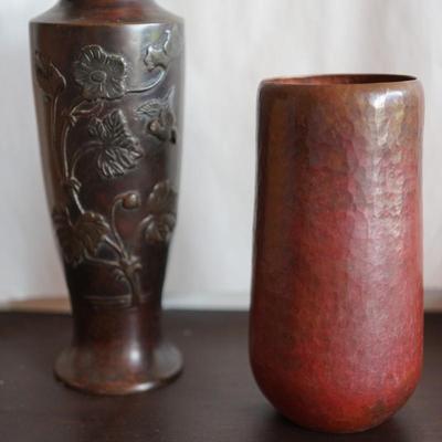 EXCELLENT BRONZE VASE 10" WITH RELIEF OF FLORAL & HAMMERED COPPER & FUSED COLORED VASE