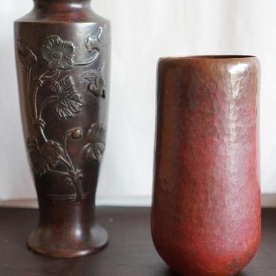 EXCELLENT BRONZE VASE 10" WITH RELIEF OF FLORAL & HAMMERED COPPER & FUSED COLORED VASE