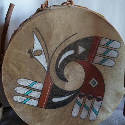 GROUPING OF NATIVE AMERICAN ITEMS TO INCLUDE A KATCHINA DOLL, POSSIBLE INUIT DANCE DRUM AND HOPI WOVEN DEEP PLATE
