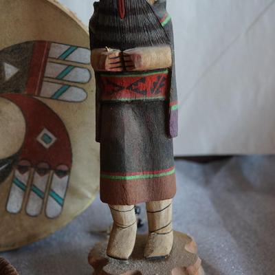 GROUPING OF NATIVE AMERICAN ITEMS TO INCLUDE A KATCHINA DOLL, POSSIBLE INUIT DANCE DRUM AND HOPI WOVEN DEEP PLATE