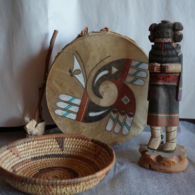 GROUPING OF NATIVE AMERICAN ITEMS TO INCLUDE A KATCHINA DOLL, POSSIBLE INUIT DANCE DRUM AND HOPI WOVEN DEEP PLATE