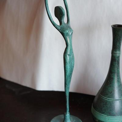 ARTISTIC PAIR OF 9" VERDIGRIS COLORED METAL FIGURES IN DANCE AND 8" METAL VASE OF SAME