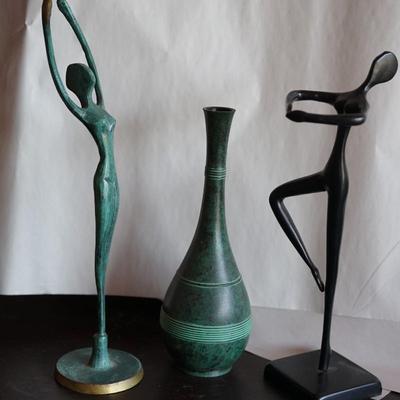 ARTISTIC PAIR OF 9" VERDIGRIS COLORED METAL FIGURES IN DANCE AND 8" METAL VASE OF SAME