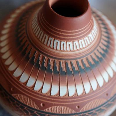 SUSAN CHARLIE NAVAJO POTTERY CARVED RED CLAY POT WITH FEATHER PATTERN