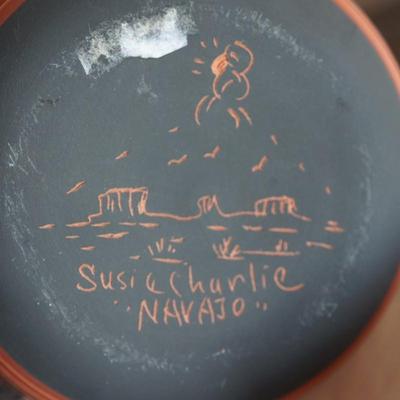 SUSAN CHARLIE NAVAJO POTTERY CARVED RED CLAY POT WITH FEATHER PATTERN