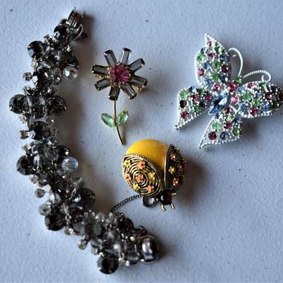 JULIANA RHINESTONE FACET SET BRACELET W/DANGLES, FLOWER PIN AND ART PINS