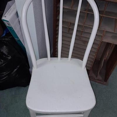Antique Storage Accessory Cabinet Fixed Shelves with white wooden chair