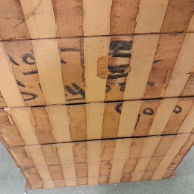 Antique Storage Accessory Cabinet Fixed Shelves with white wooden chair