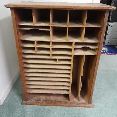 Antique Storage Accessory Cabinet Fixed Shelves with white wooden chair