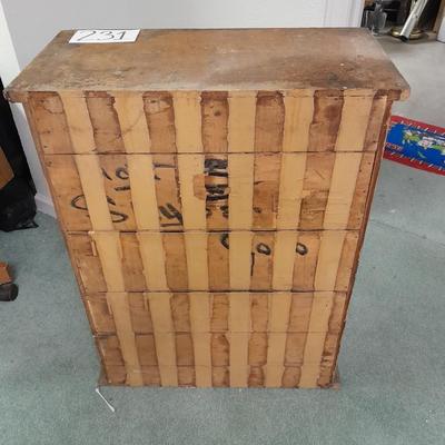 Antique Storage Accessory Cabinet Fixed Shelves with white wooden chair