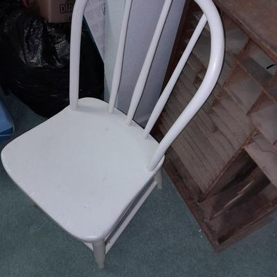 Antique Storage Accessory Cabinet Fixed Shelves with white wooden chair